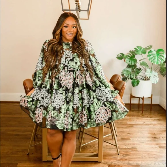 ASOS Black and Green Floral Lace Dress With Long Sleeve Captivating Sleeves - Picture 4 of 5